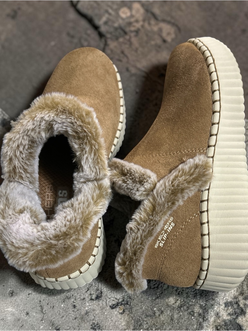 Skechers Suede Slip-On Slippers with Plush Faux Fur Trim - Taupe